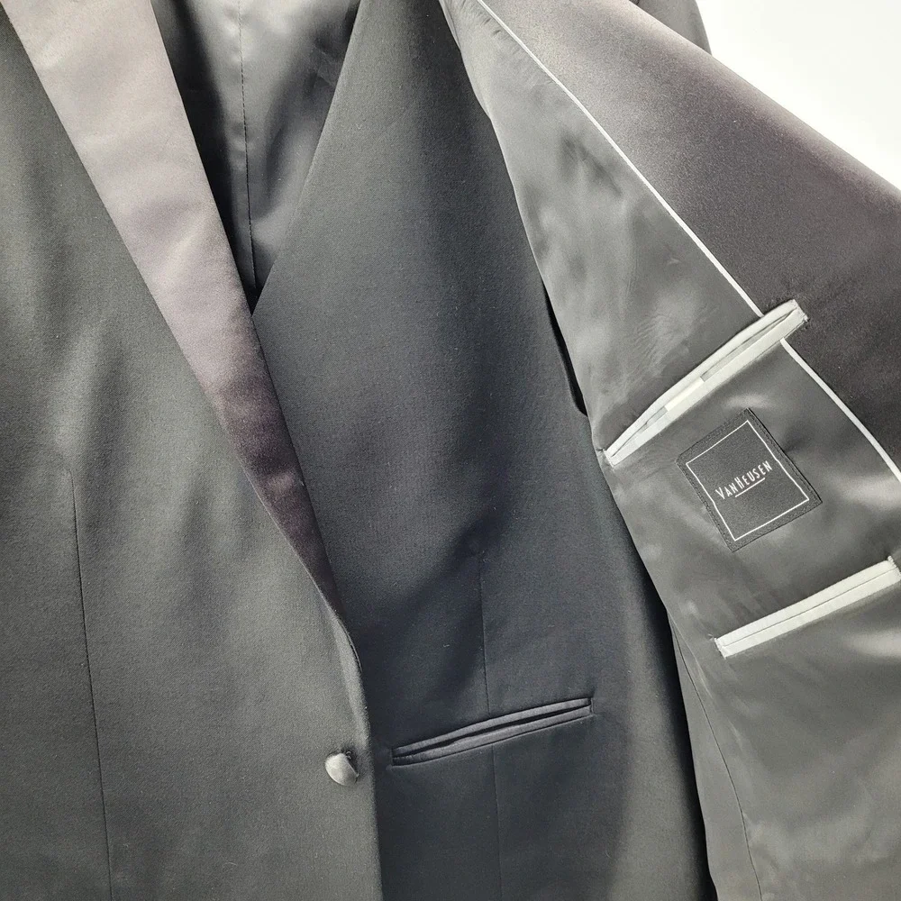 Van Heusen Mens 44L Formal Black Tuxedo Jacket Vest Set Satin Trim Wedding Prom
